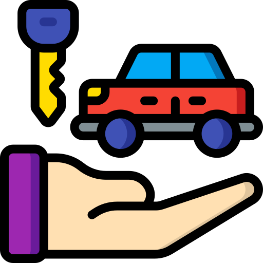 Icona di mano, chiave e auto rossa.